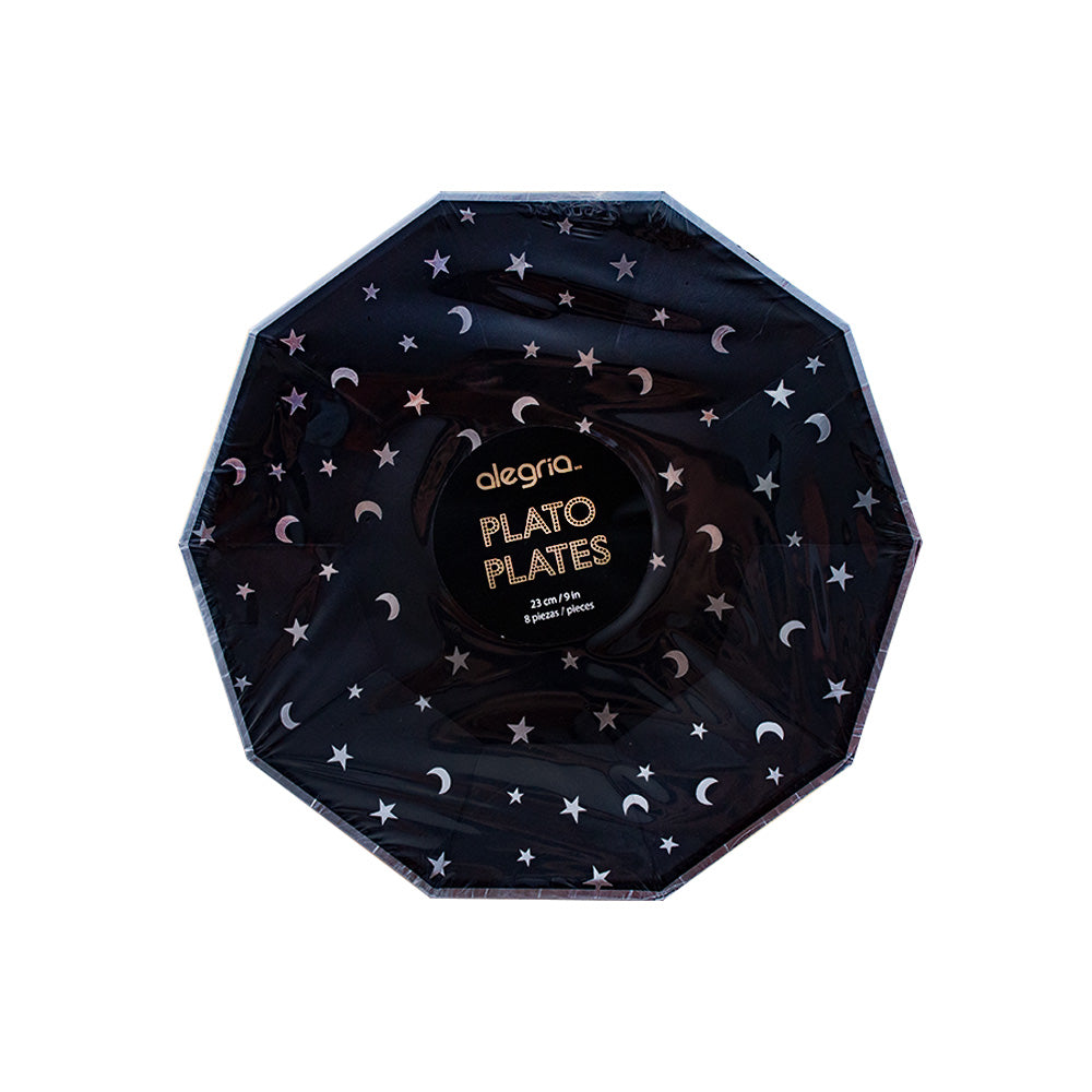 Plato decagonal c. Negro con estrellas Plata