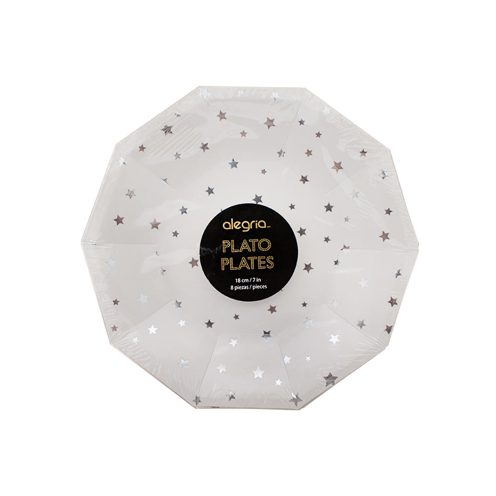 Plato pastelero decagonal c. Blanco estrellas Plata