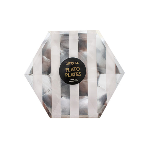Plato hexagonal c. Blanco con franjas Plata